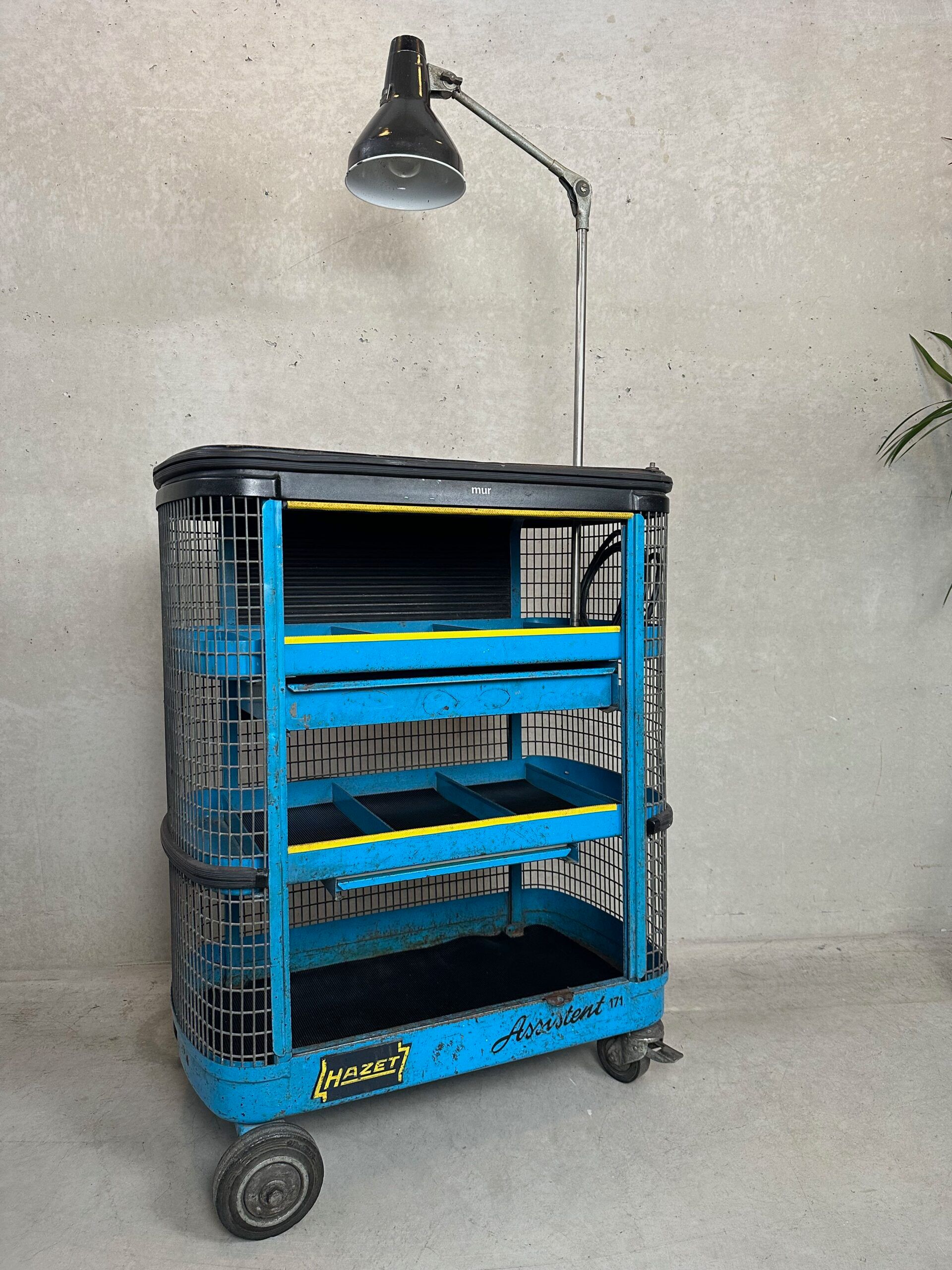 Vintage industrial trolley 'Hazet Assistent' + Rademacher lamp