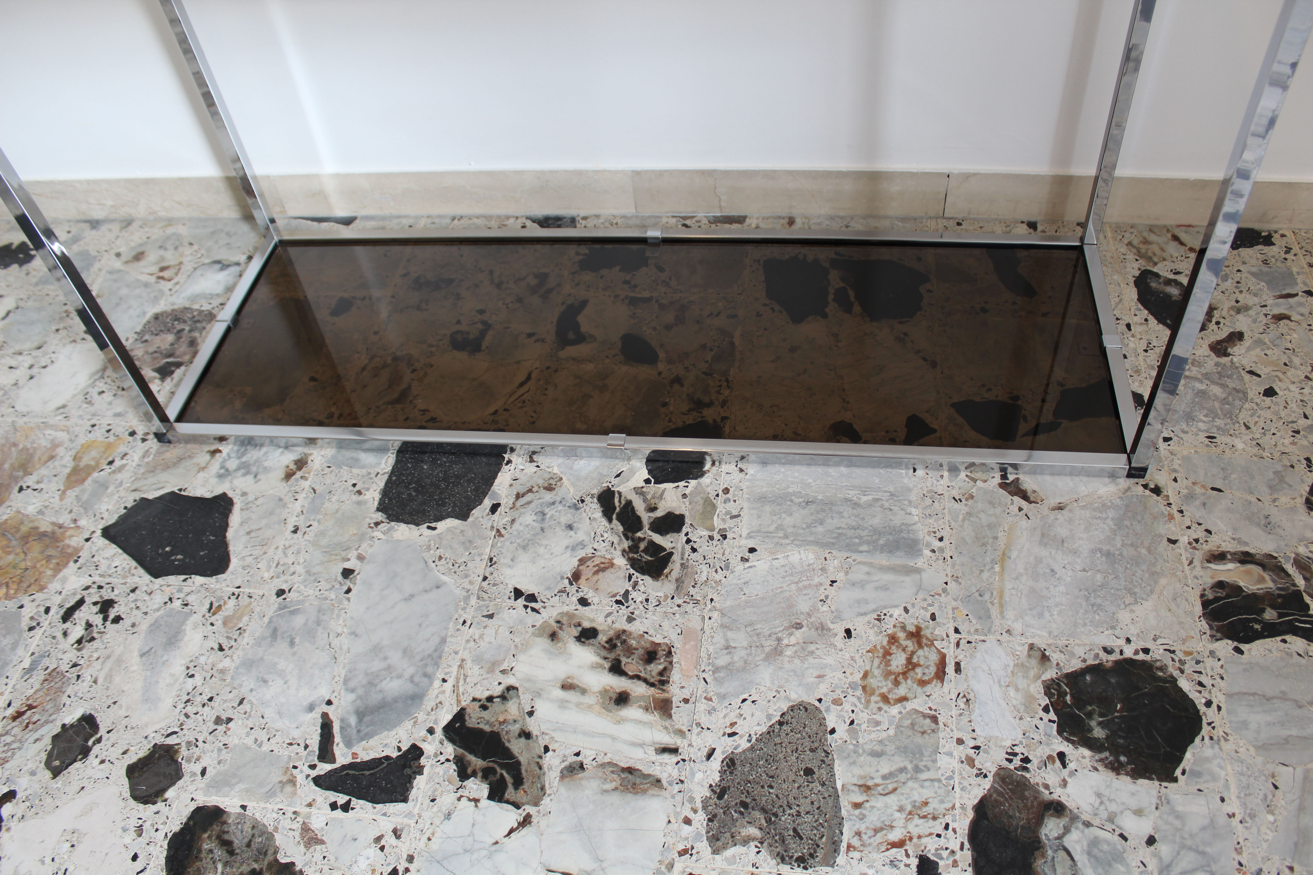 Console in chromed metal and smoked glass, Italy 70's