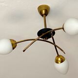Chandelier 3 fires modernist metal and brass, 3 opalines 60s french design ceiling lamp suspension