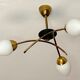 Chandelier 3 fires modernist metal and brass, 3 opalines 60s french design ceiling lamp suspension