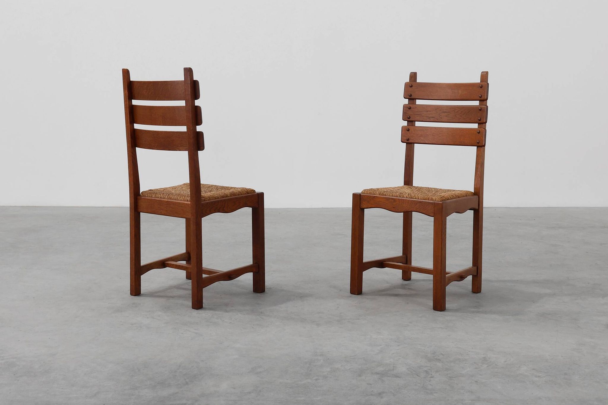 Two Mid-Century Modern Brutalist Oak and Wicker Chairs, 1960