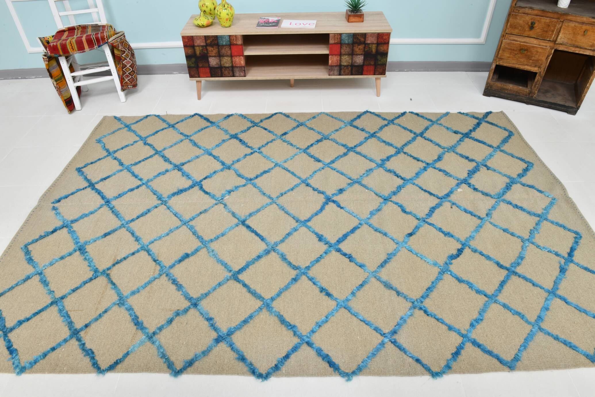 6x9 Beige & Blue Handmade Moroccan Rug, 185x282Cm SK 7339