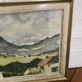 Watercolor framed under glass countryside landscape