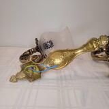 Pair of golden brass and engraved glass wall lights