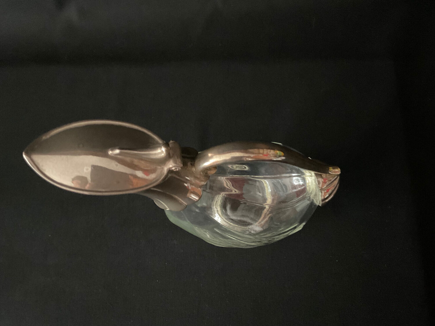 Glass decanter and silver metal duck