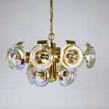 Large brass chandelier by Oscar Torlasco, rainbow optical glass rings, Italy, 1970s.