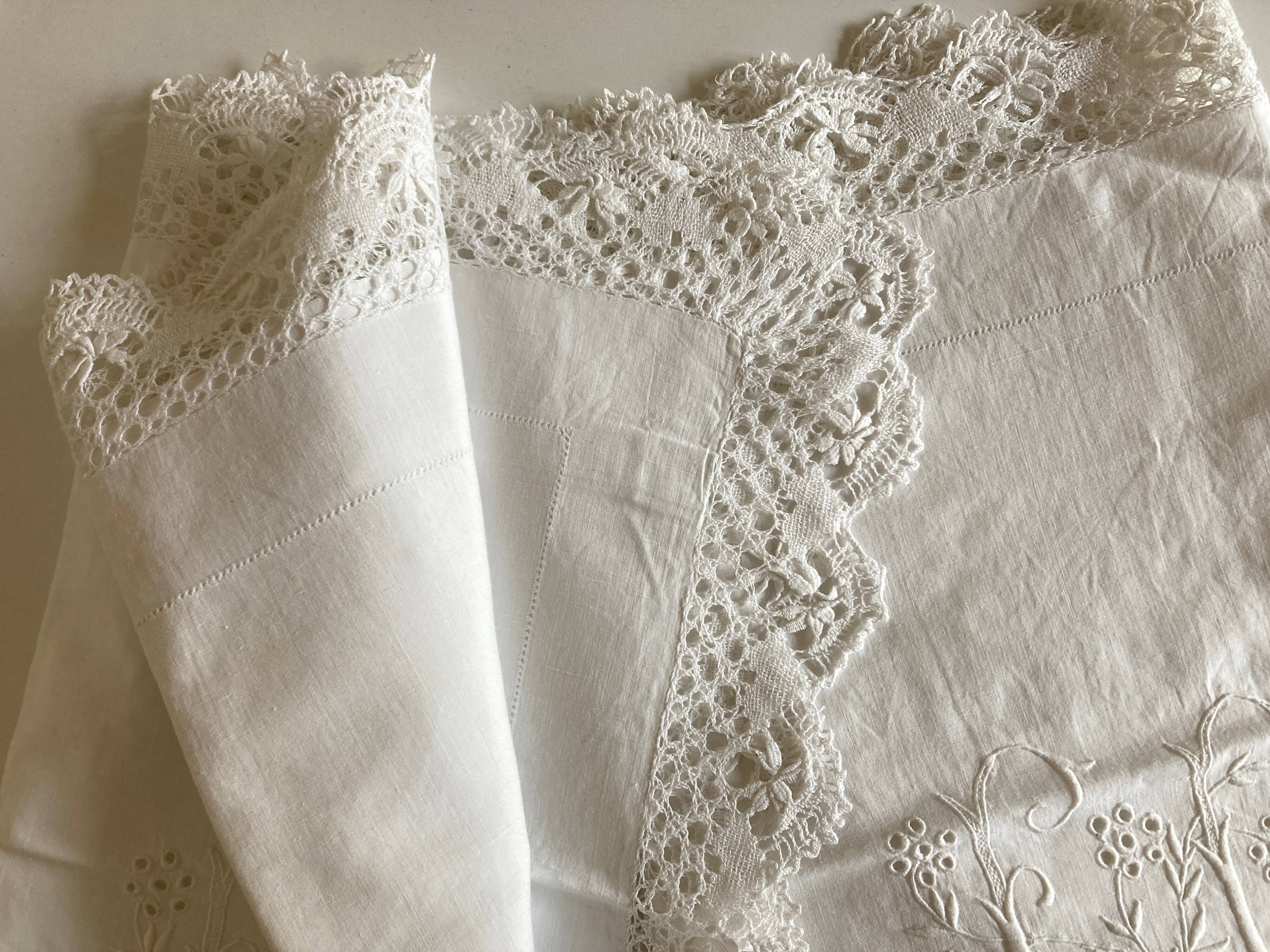 Pair of embroidered 19th linen linen pillowcases