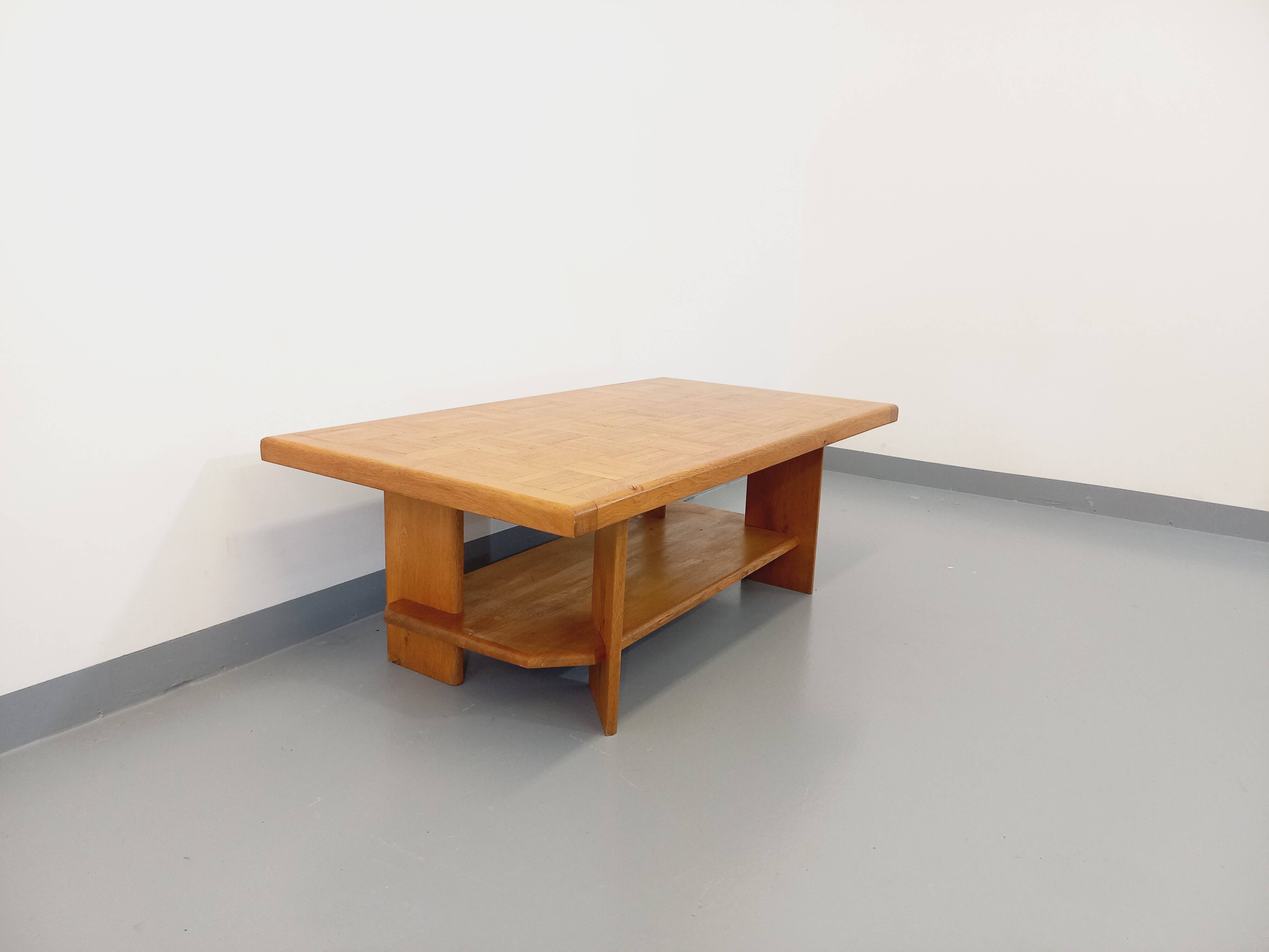 Vintage solid oak coffee table from the 70s 80s Perriand Regain Chapo style