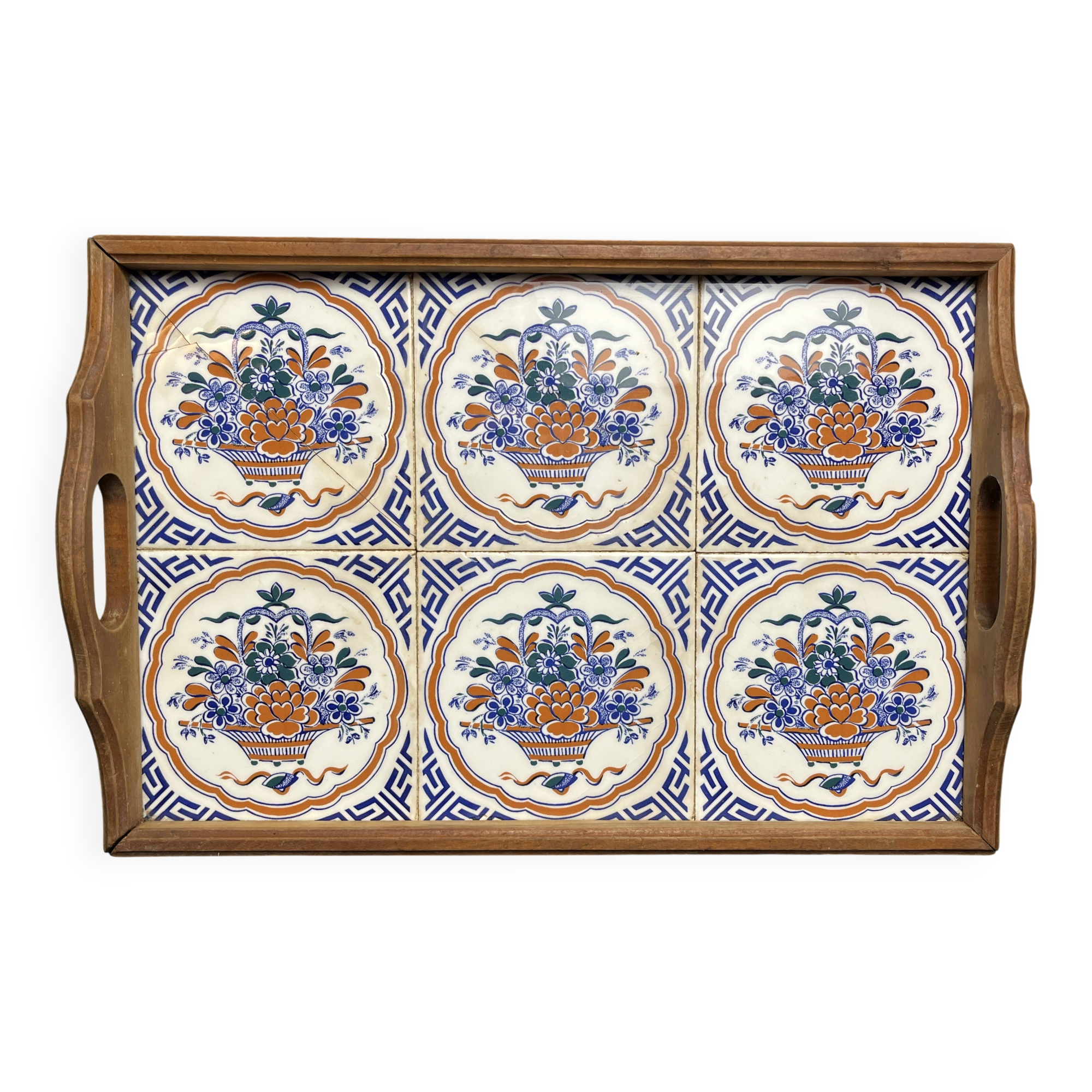 Art Deco, wooden tray and Gien earthenware tiles with basket decor circa 1940