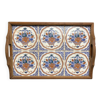Art déco, plateau bois et carreaux faïence Gien décor panier vers 1940