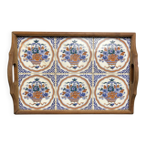 Art Deco, wooden tray and Gien earthenware tiles with basket decor circa 1940
