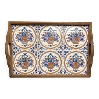 Art déco, plateau bois et carreaux faïence Gien décor panier vers 1940