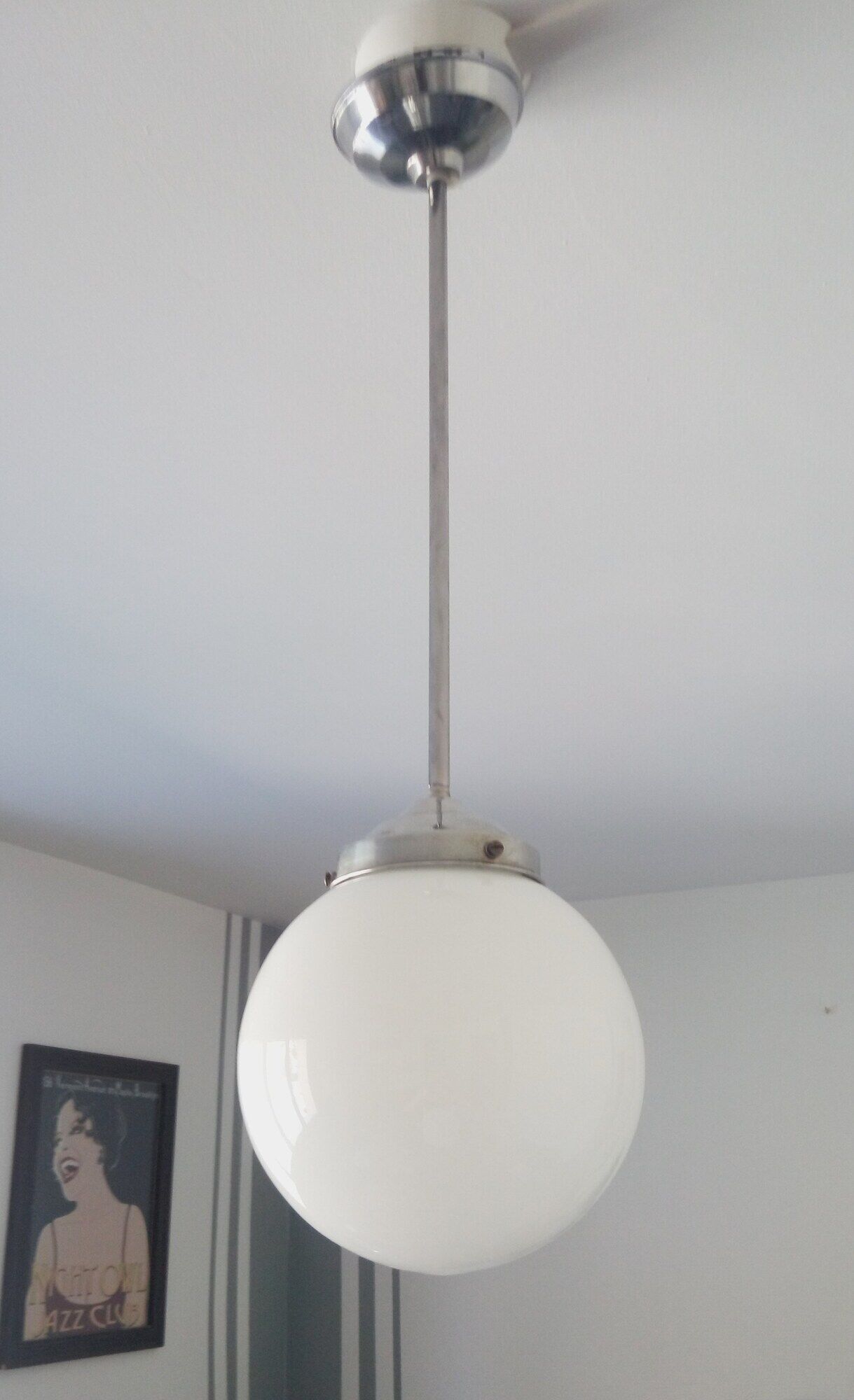 Aluminium and globe ball opaline white hanging lamp1940