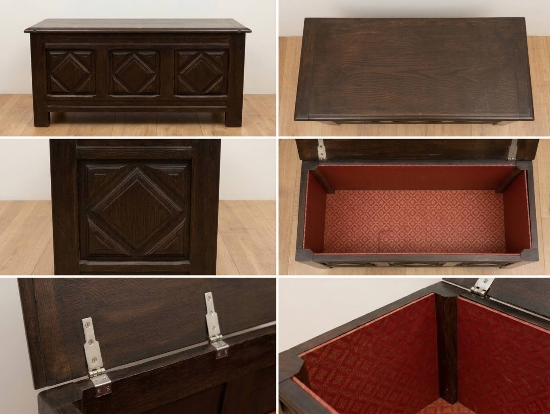 Antique dark wood chest with geometric paneling / pointed detail