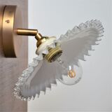 Golden articulated wall lamp, white opaline in pleated glass