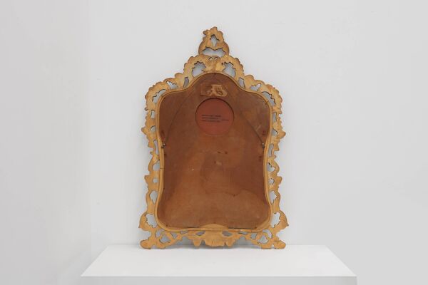 Miroir baroque belge doré de style Louis XV avec étiquette « Knitter-Duro Brevete »