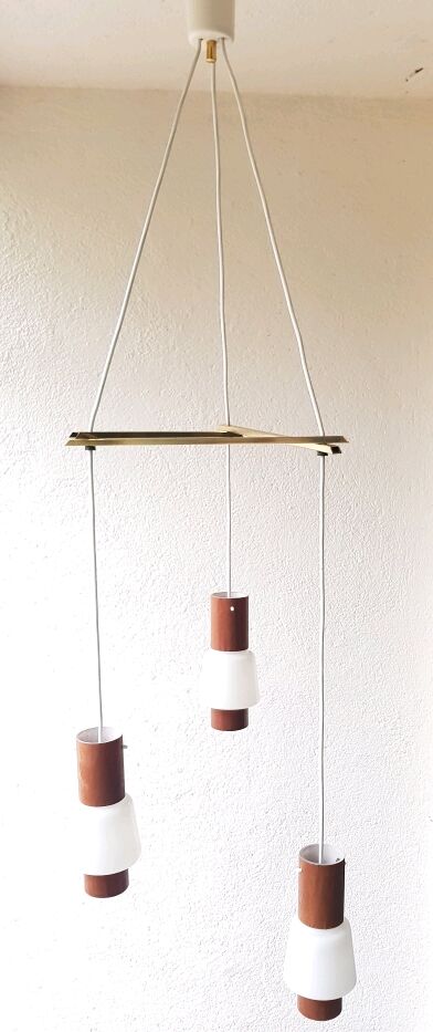 Hanging lamp boomerang 3 white lanterns and wood