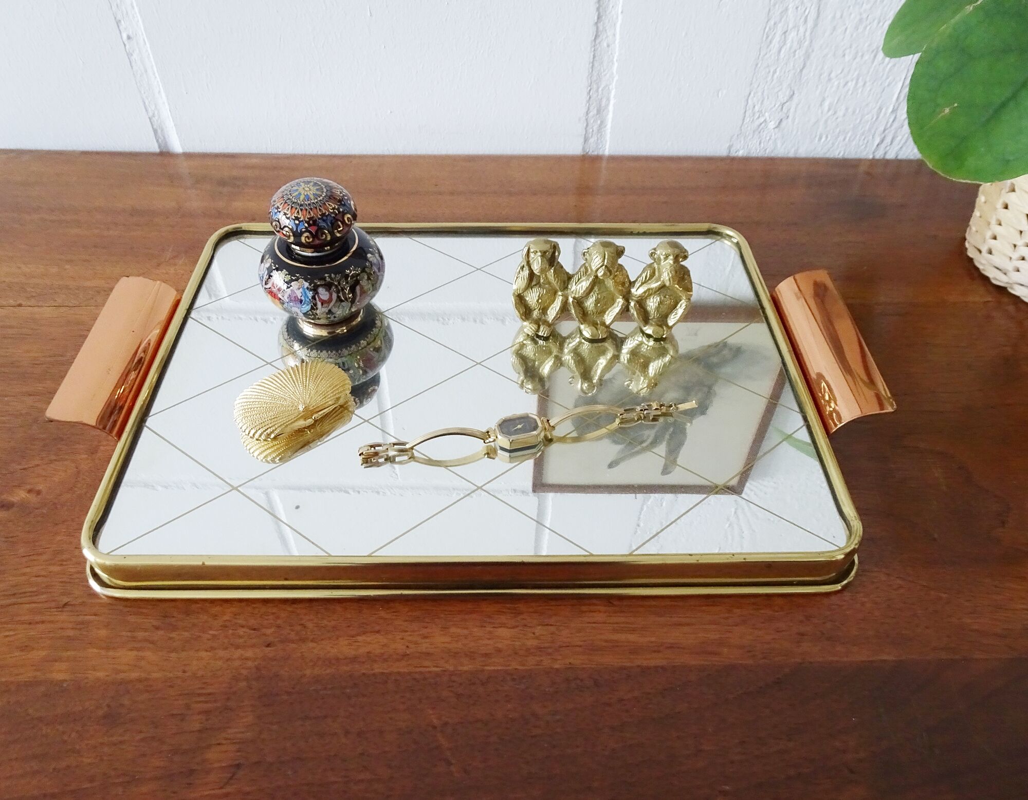 Mirror tray with diamond pattern made of brass and copper, 50