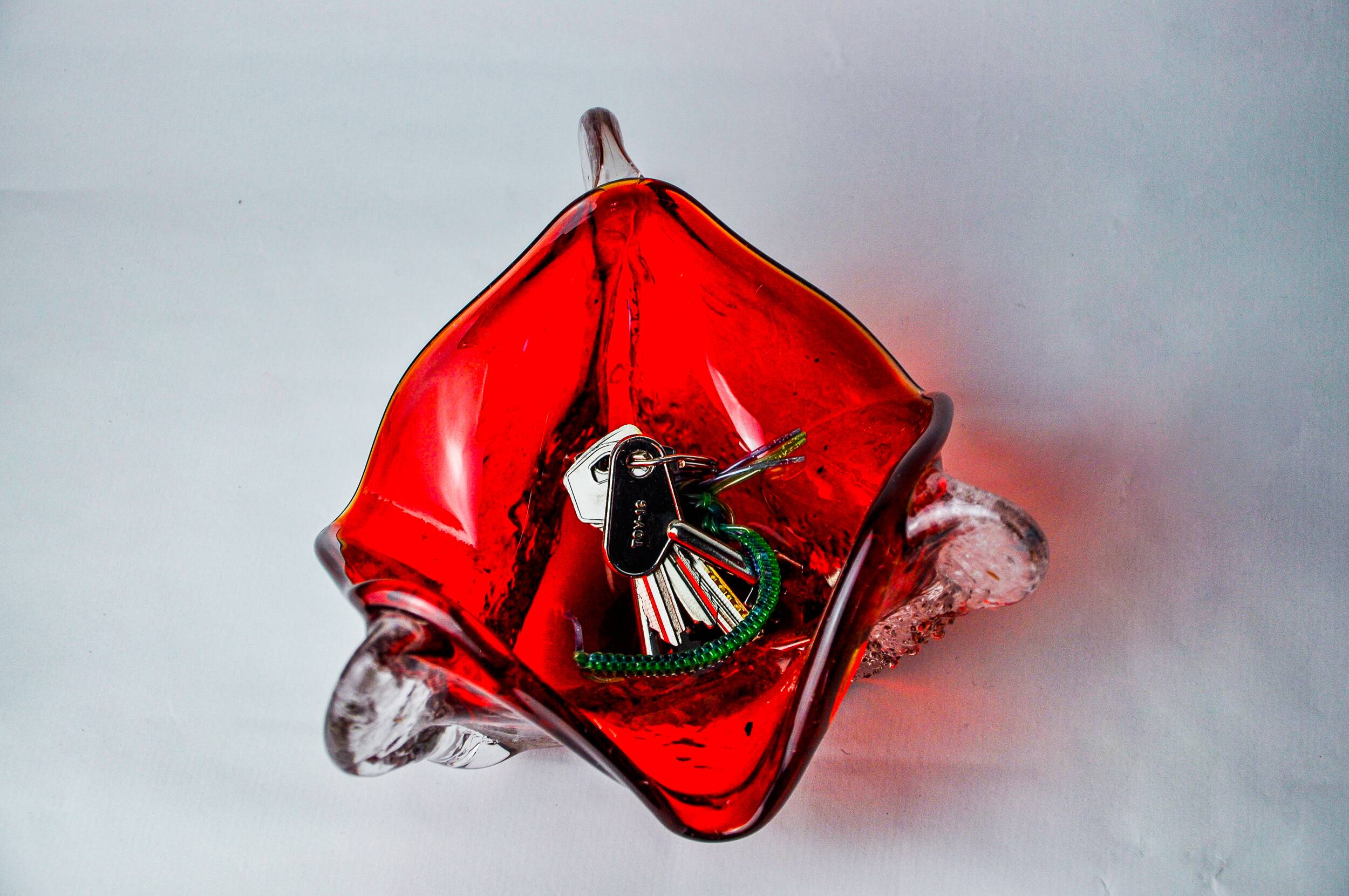 Sommerso red pocket tray by Seguso, frosted Murano glass, Italy, 1970