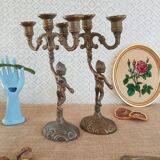 Paire de chandeliers trois branches anges chérubins en régule  - vintage