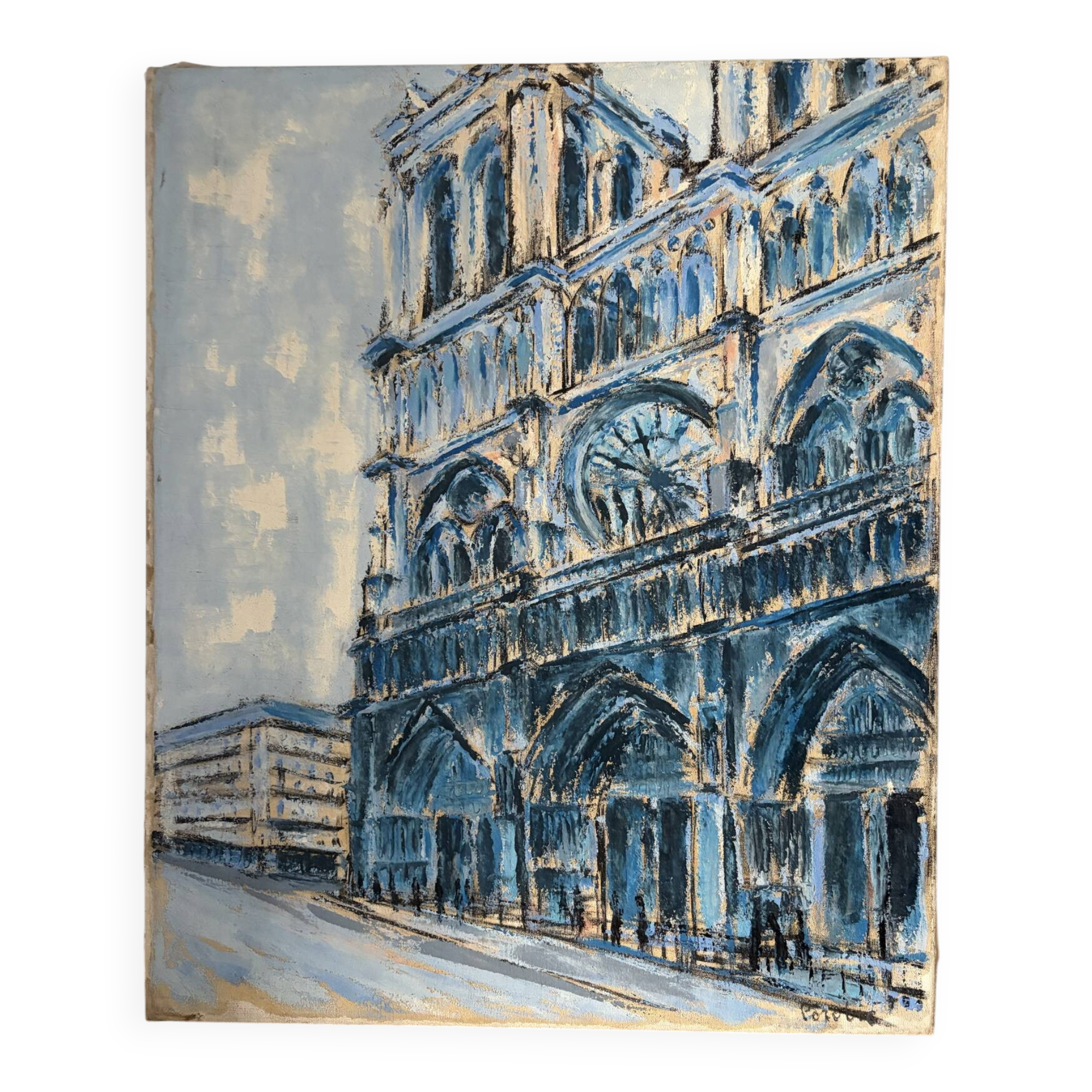 Notre Dame en bleu, huile sur toile signée