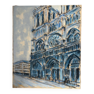 Notre Dame en bleu, huile sur toile signée
