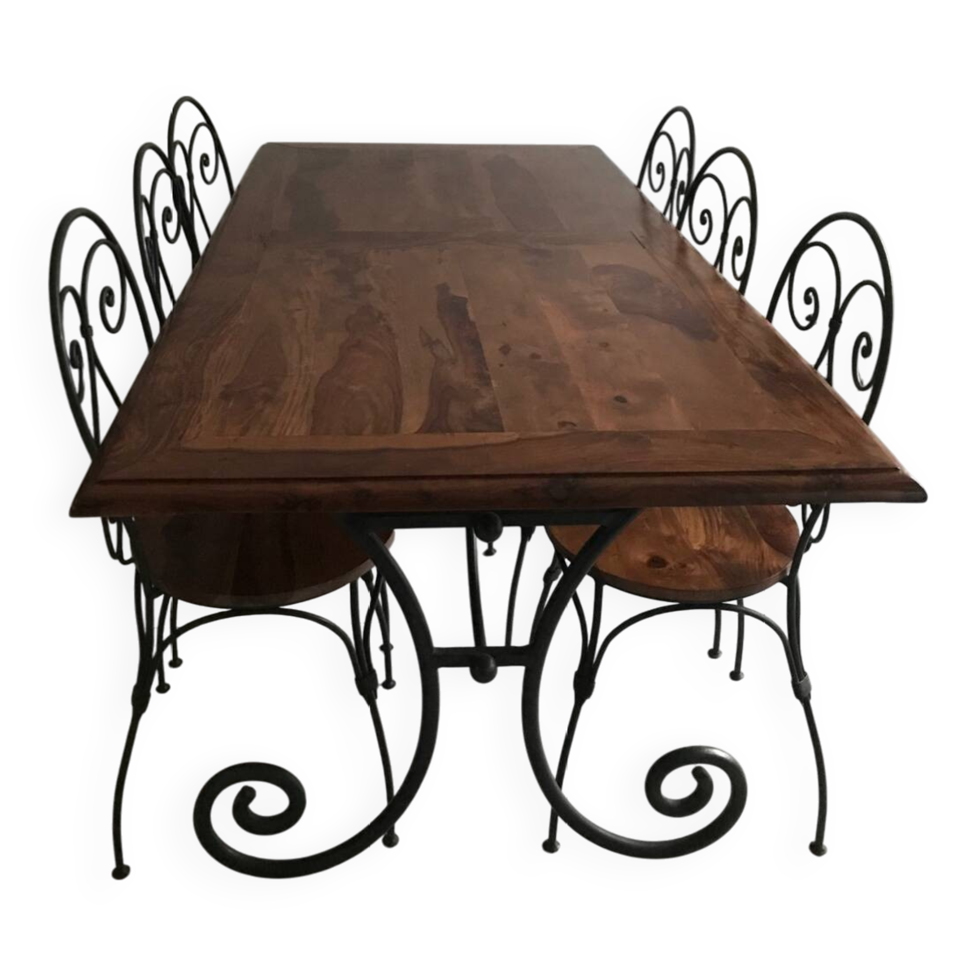 Wrought iron table with wooden top and 6 chairs