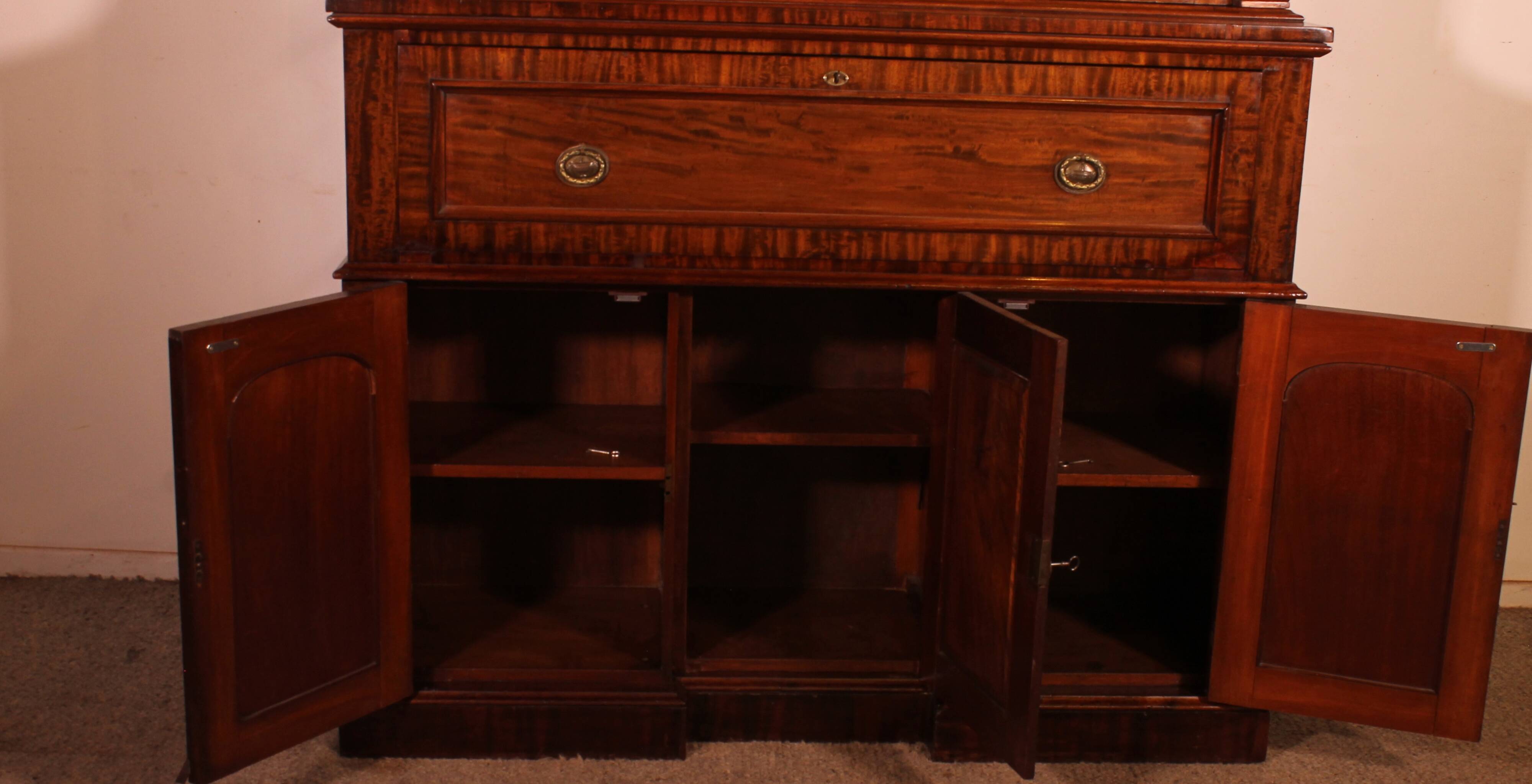 Display Cabinet or Mahogany Bookcase with Secretary - 19th Century