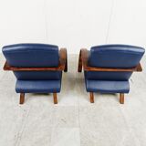 Pair of bentwood and blue leather armchairs, 1970s