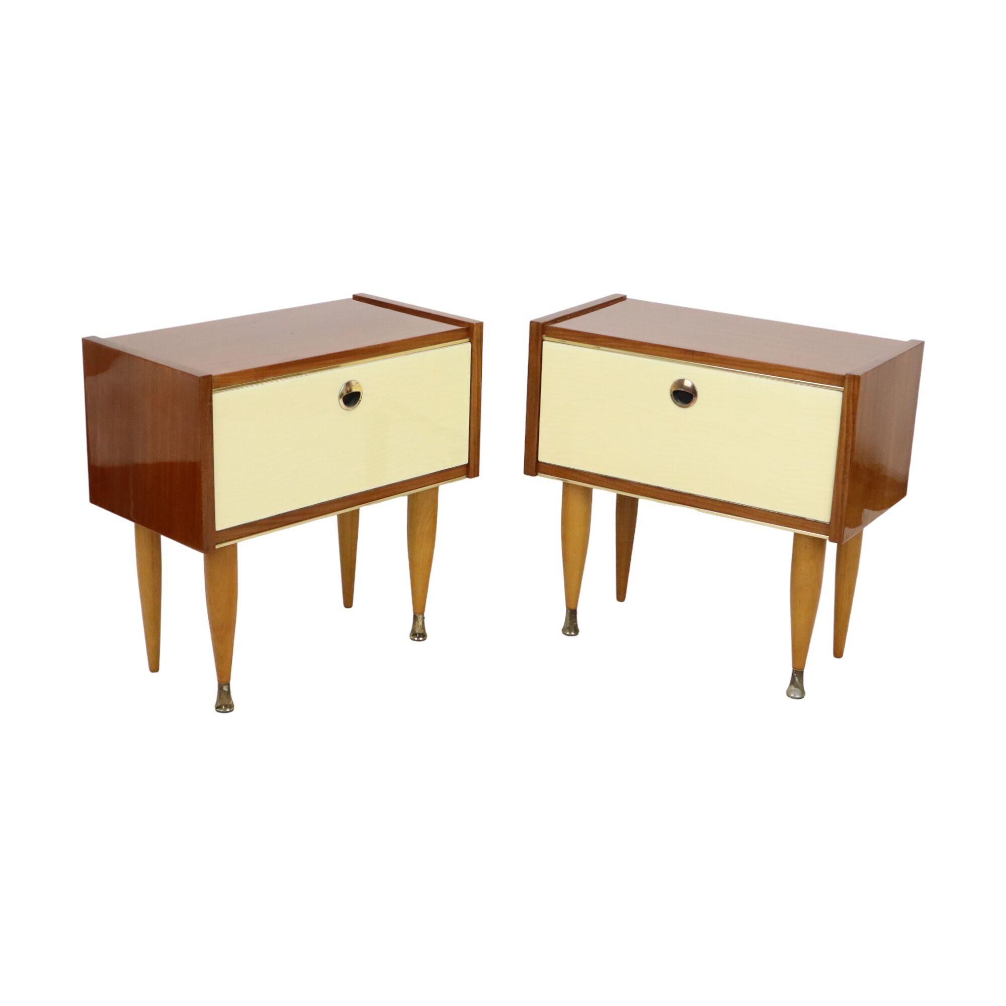 Pair of vintage wooden bedside tables hinged door conical 1960s design