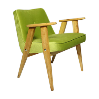Modern armchair natural wood chair green lime fabric design by Chierowski 1962 mid century modern design longue armchair Scandinavian style Boho ethnic