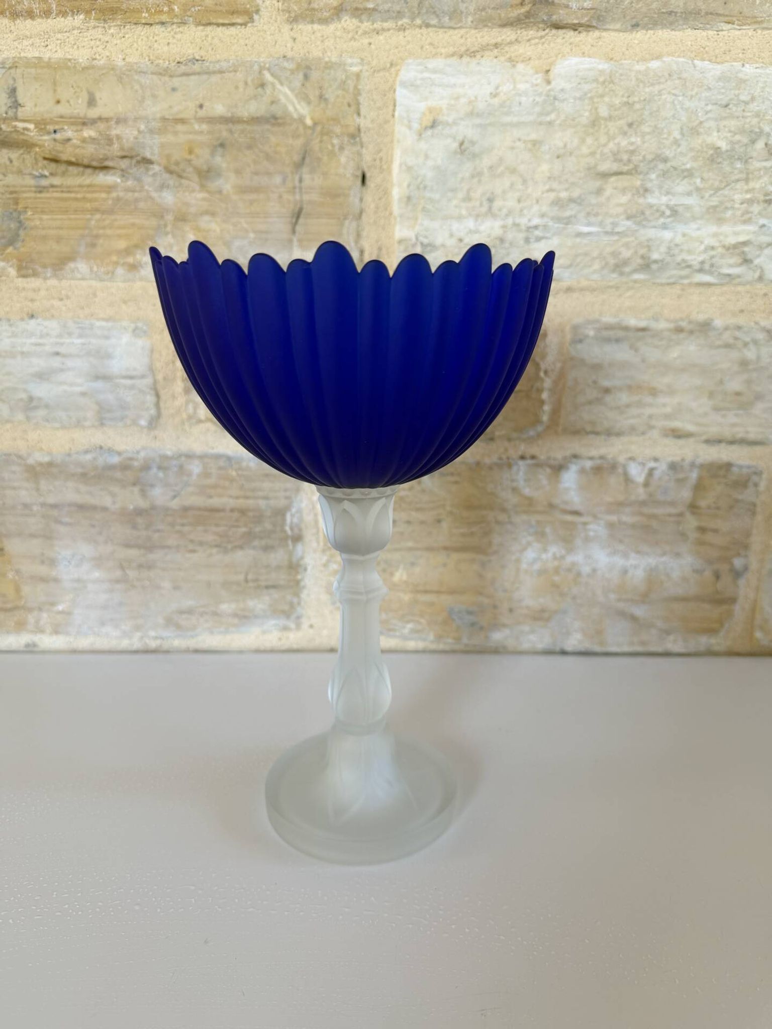 Large vintage Art Deco footed bowl – cobalt blue & frosted glass