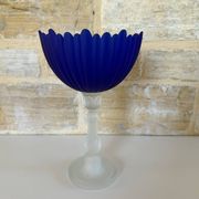 Large vintage Art Deco footed bowl – cobalt blue & frosted glass
