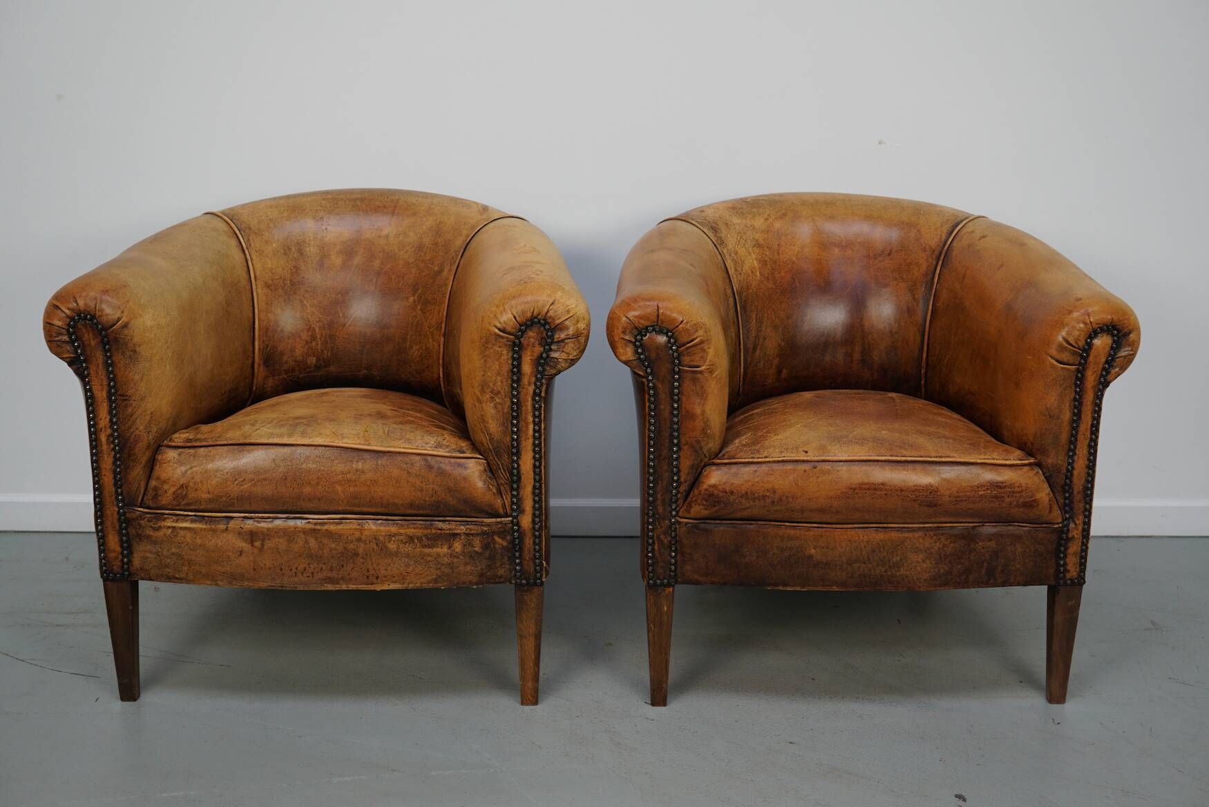 Vintage Dutch Cognac Leather Club Chairs, Set of 2