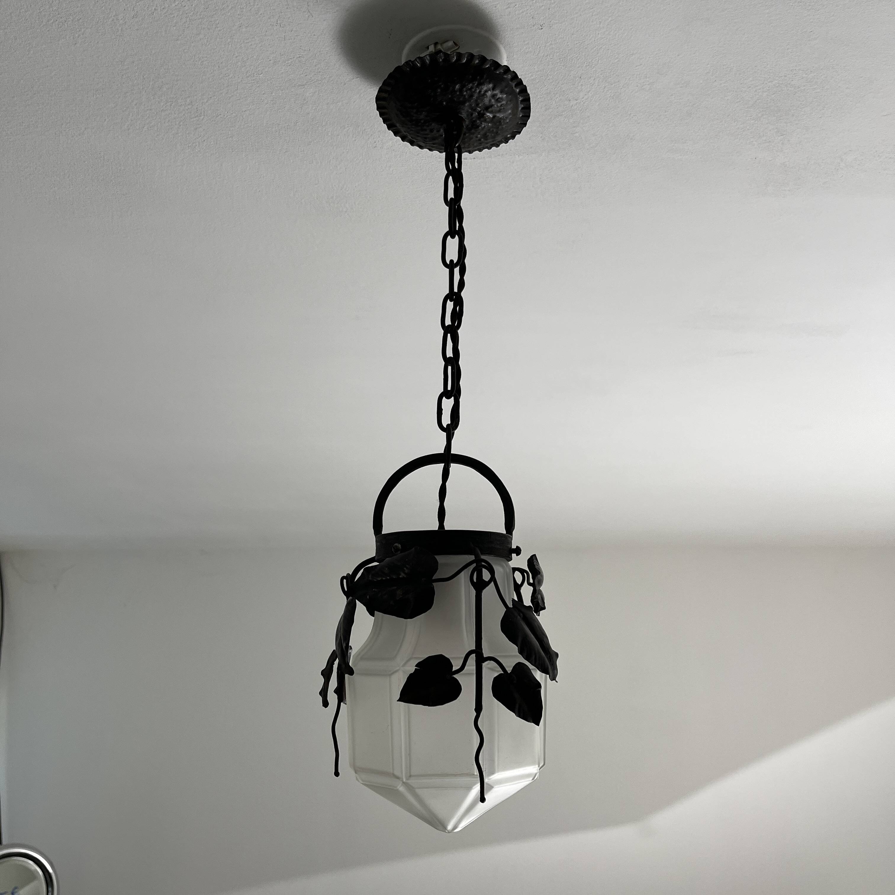 Antique glass and wrought iron pendant light with ivy decor Art Deco chandelier globe