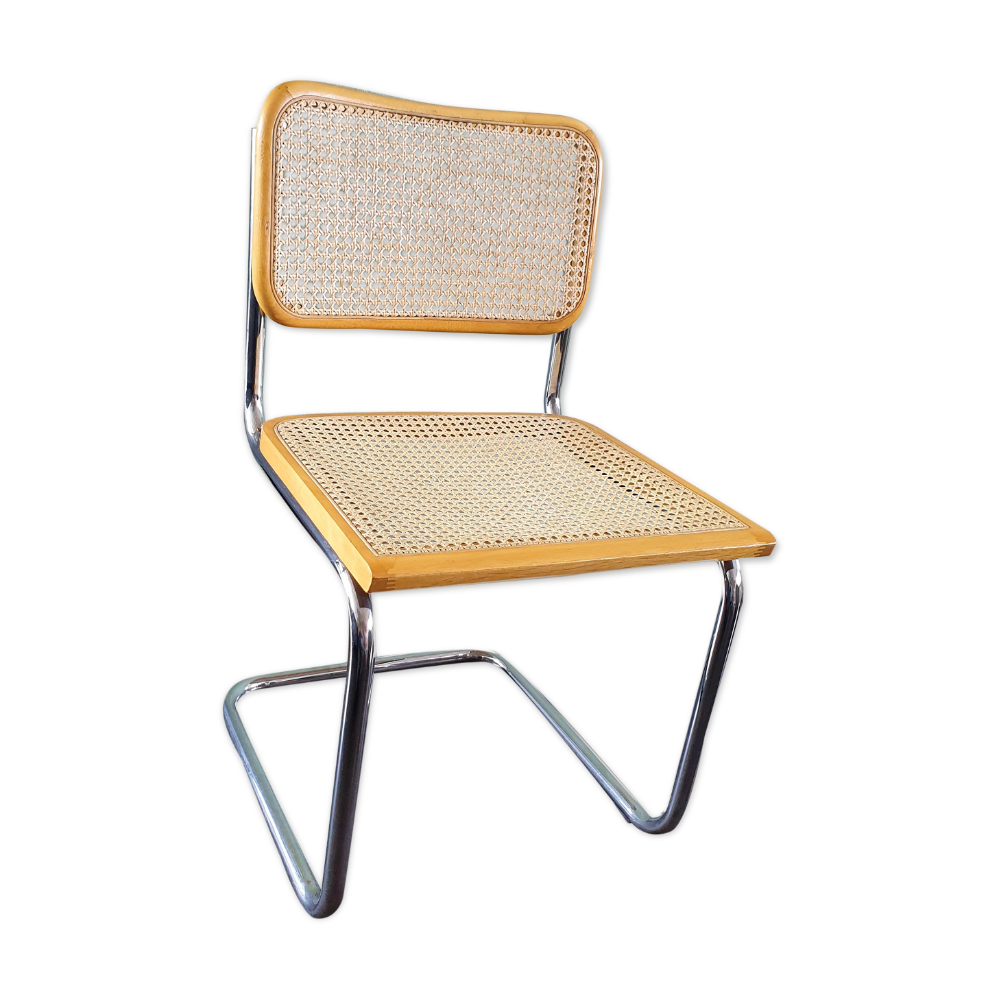 Chaise tubulaire vintage par Marcel Breuer avec sièges rotin, années 70
