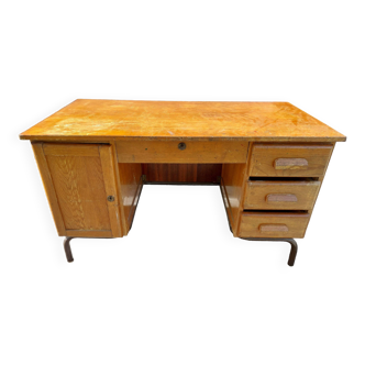 schoolmaster's desk, wood and metal, with drawers and cupboard