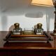 Desk inkwell in molded wood, brass and crystal, late 19th century
