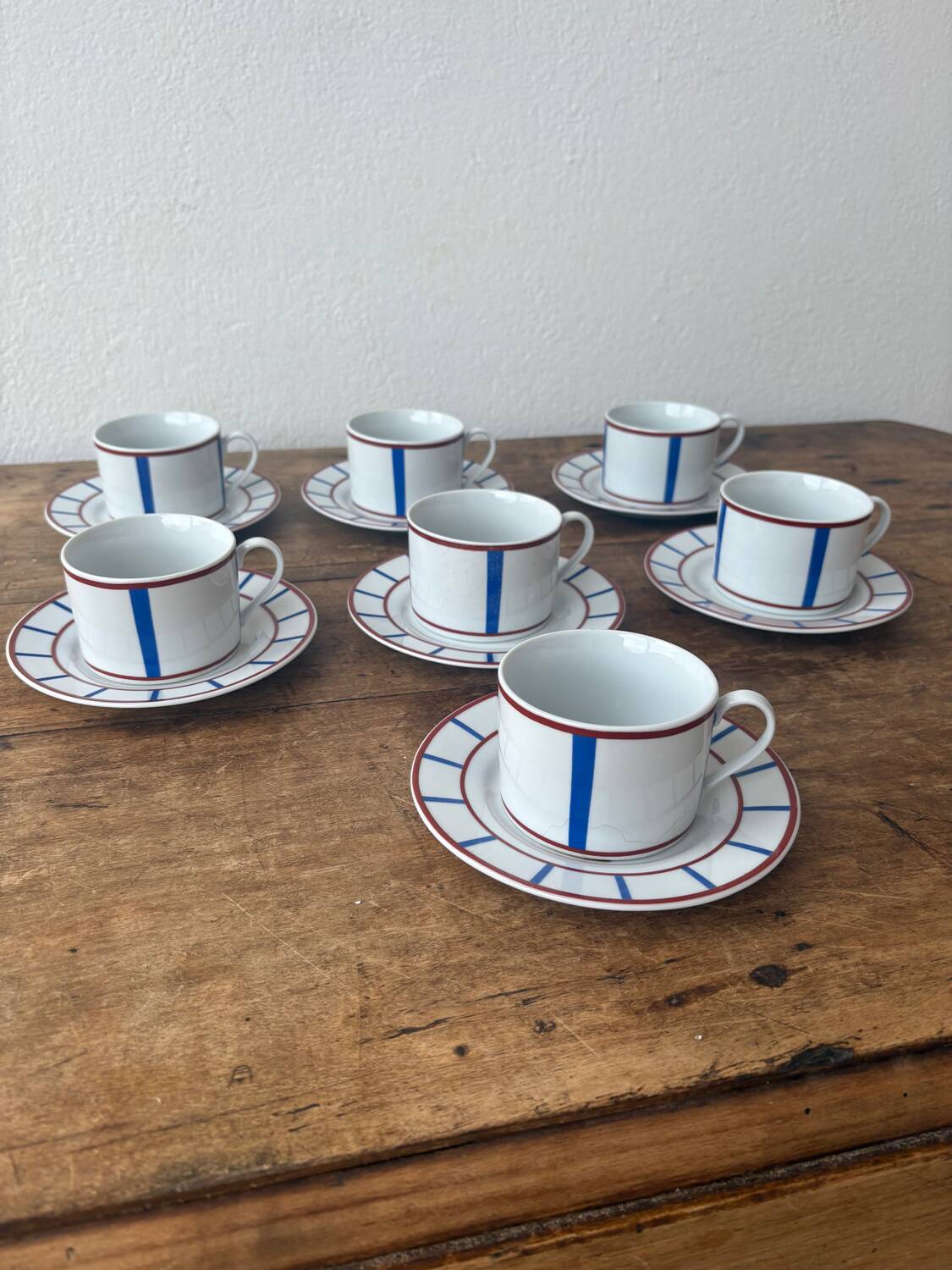 Set of 7 vintage Basque ceramic cups – blue stripes and