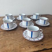 Ensemble de 7 tasses basques vintage en céramique – rayures bleues et