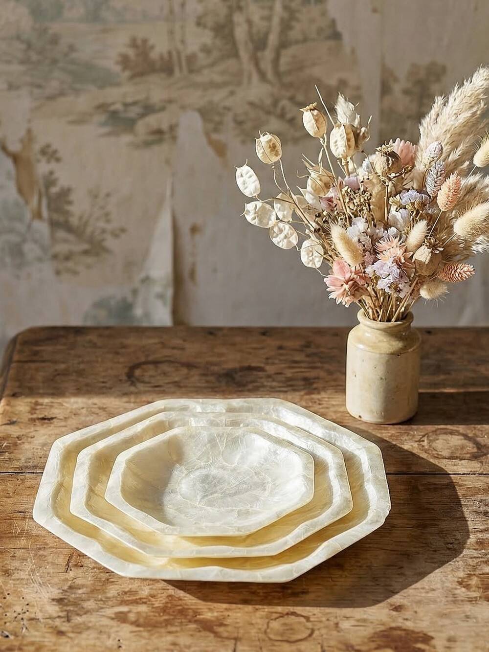 Octagonal capiz shell bowls/trays, vintage Asia from the 1970s-1980s.