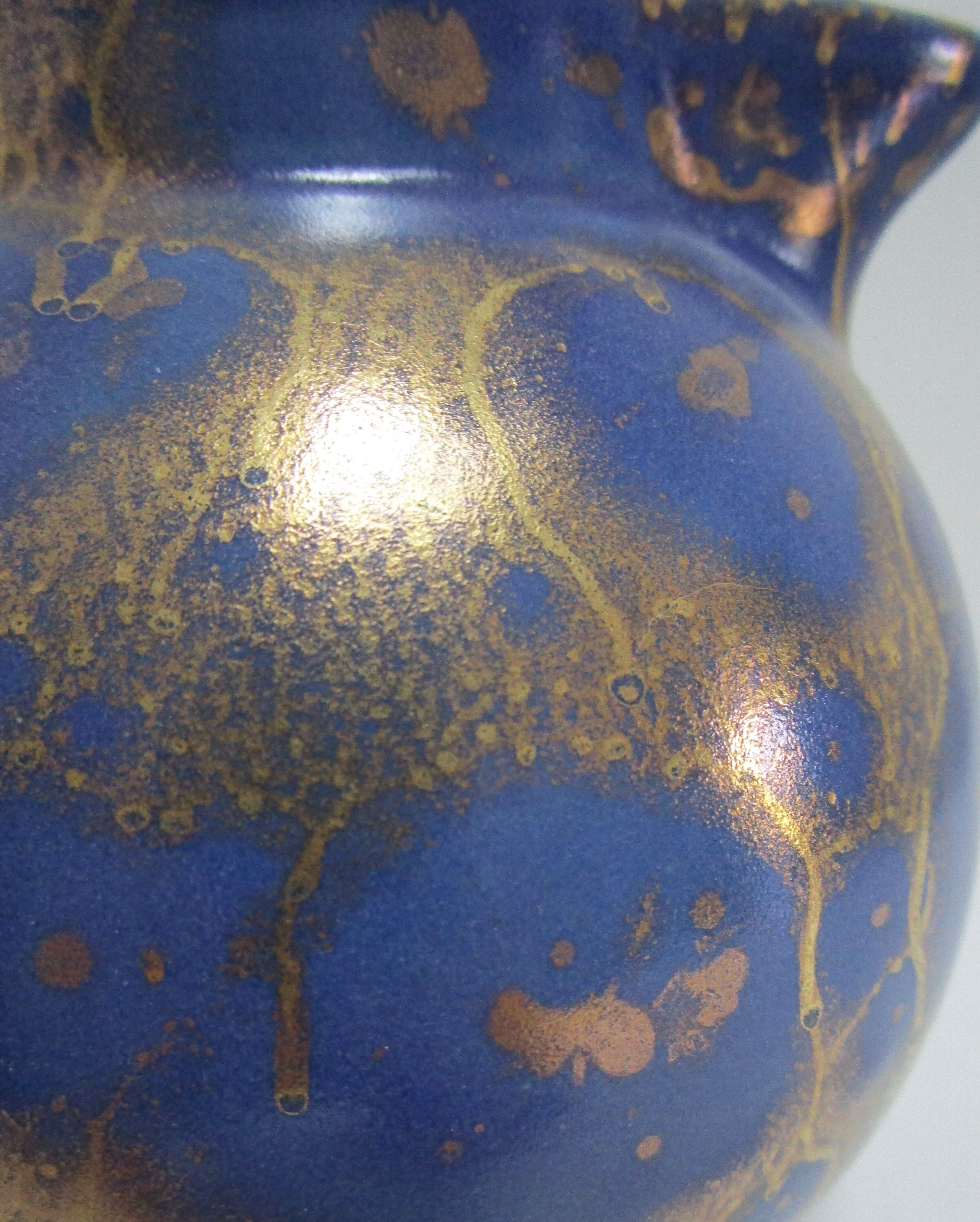 Art Deco ceramic pitcher enamel blue and gold by Lucien Brisdoux 1930s