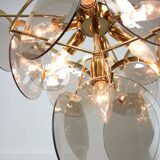Vintage Vistosi Chandelier: Smoked Glass Discs, Gold Metal, 1970s Italian P