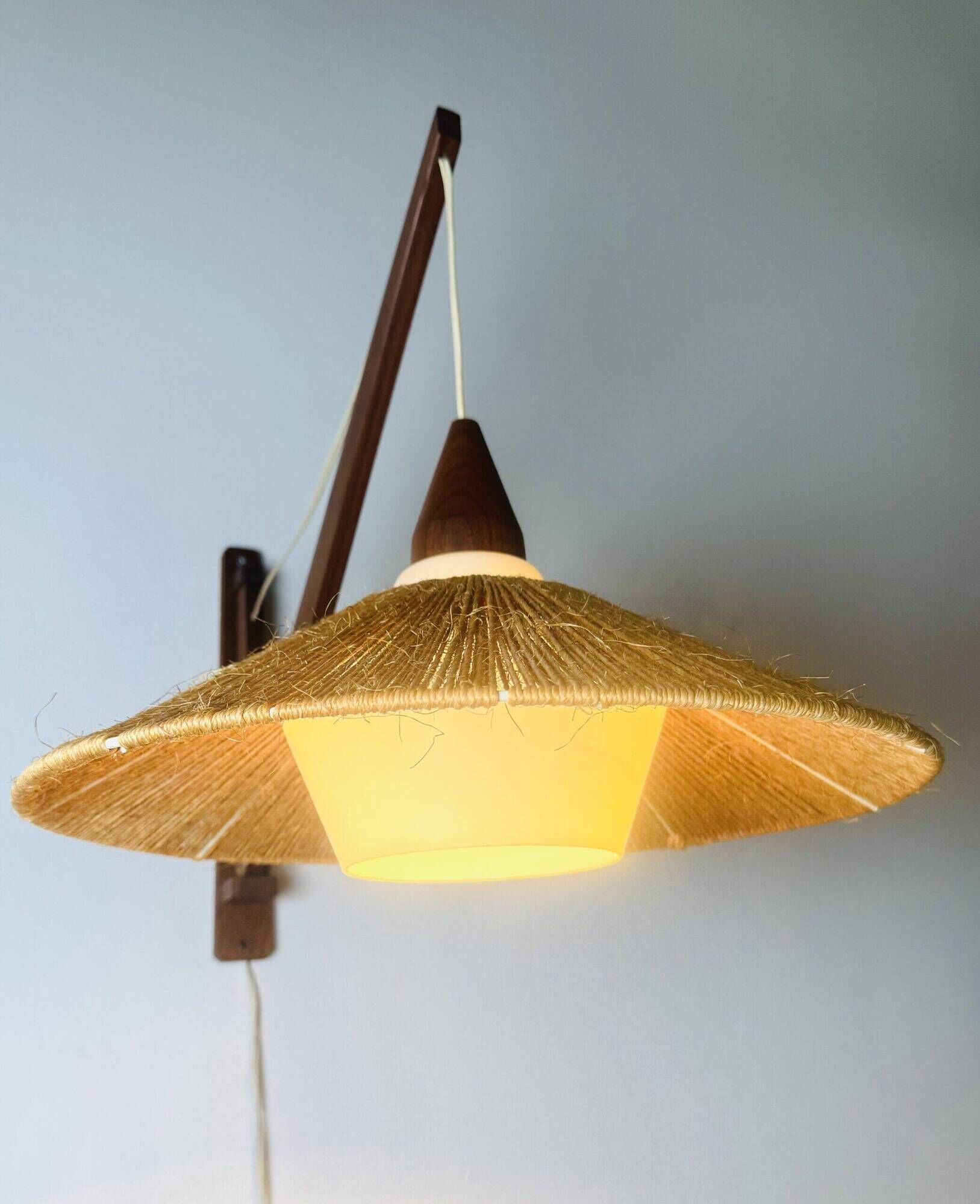Wood And Sisal Wall Lamp By E.R. Nele For Temde Leuchten, Germany/Switzerland 1960S