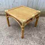 Rattan end table with 1 shelf in vintage oak veneer from the 80s Maugrion