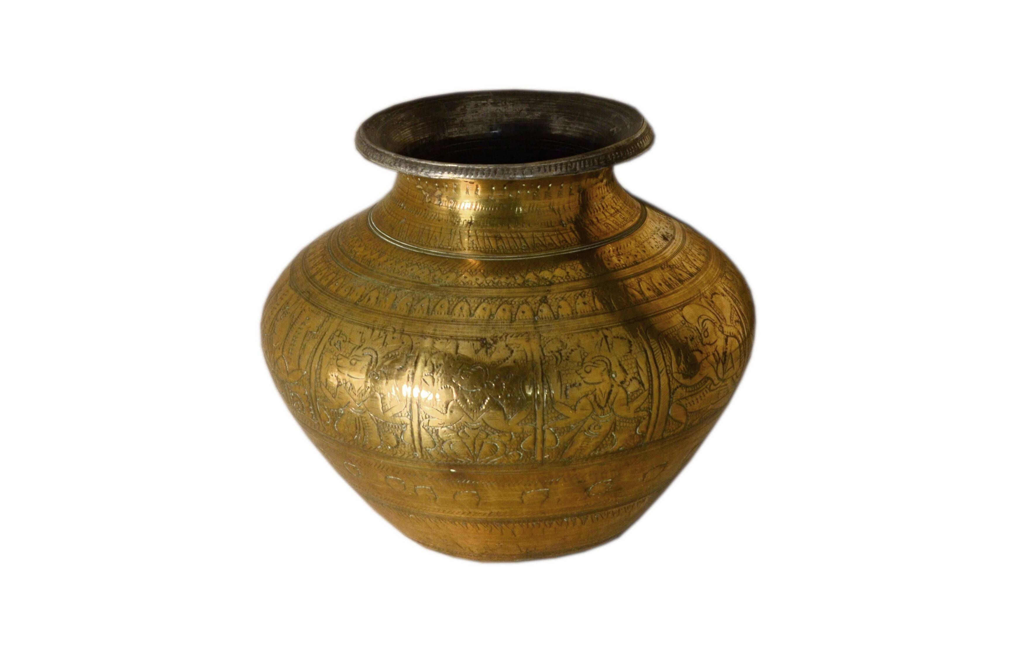Vase ethnique ancien en bronze, fabrication artisanale d’Inde, 17x14cm