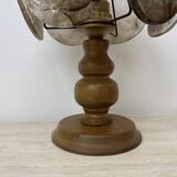 Vintage brutalist glass table lamp with solid oak wooden base , 1970s
