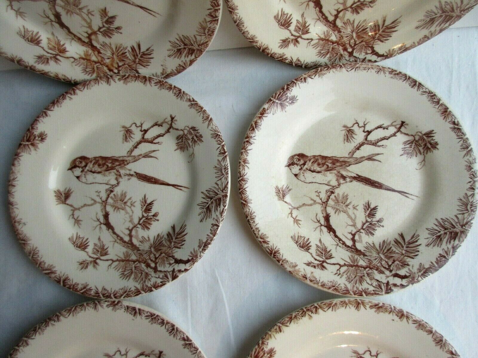 6 GIEN's Maroon Bird Dessert Plates, Provençal style with Hirondelle