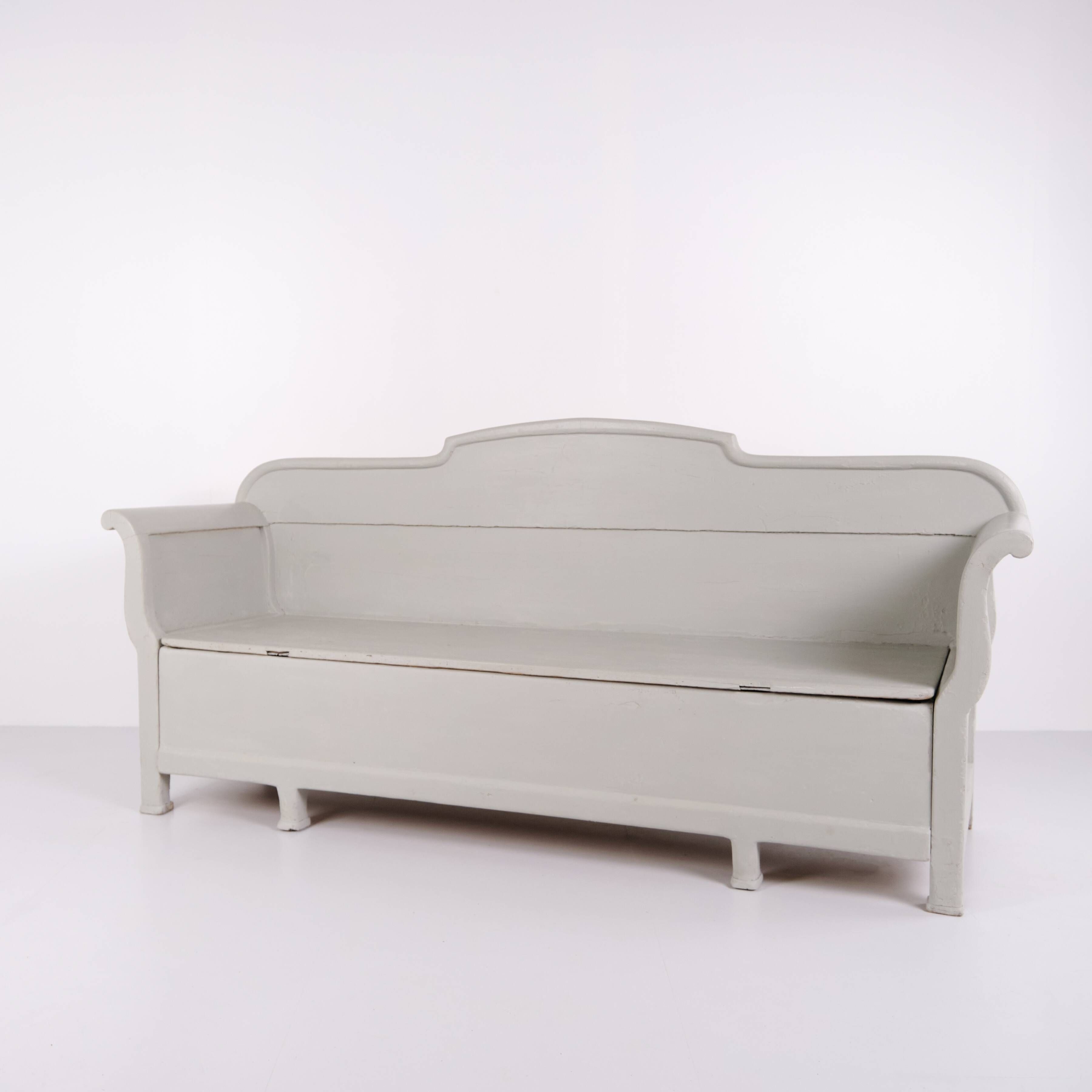Antique storage bench – grey painted – pine wood – 1890s