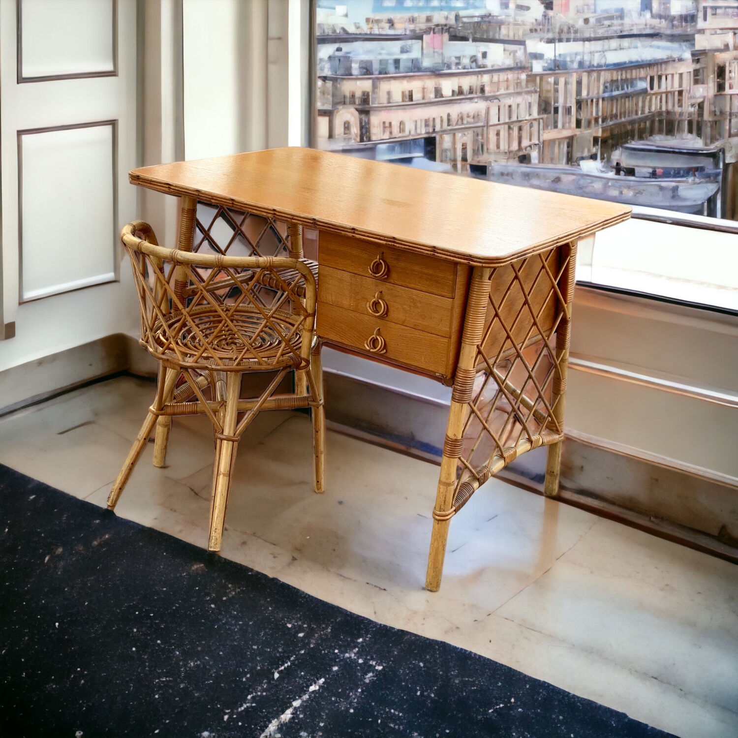 Rattan desk and chair 1960